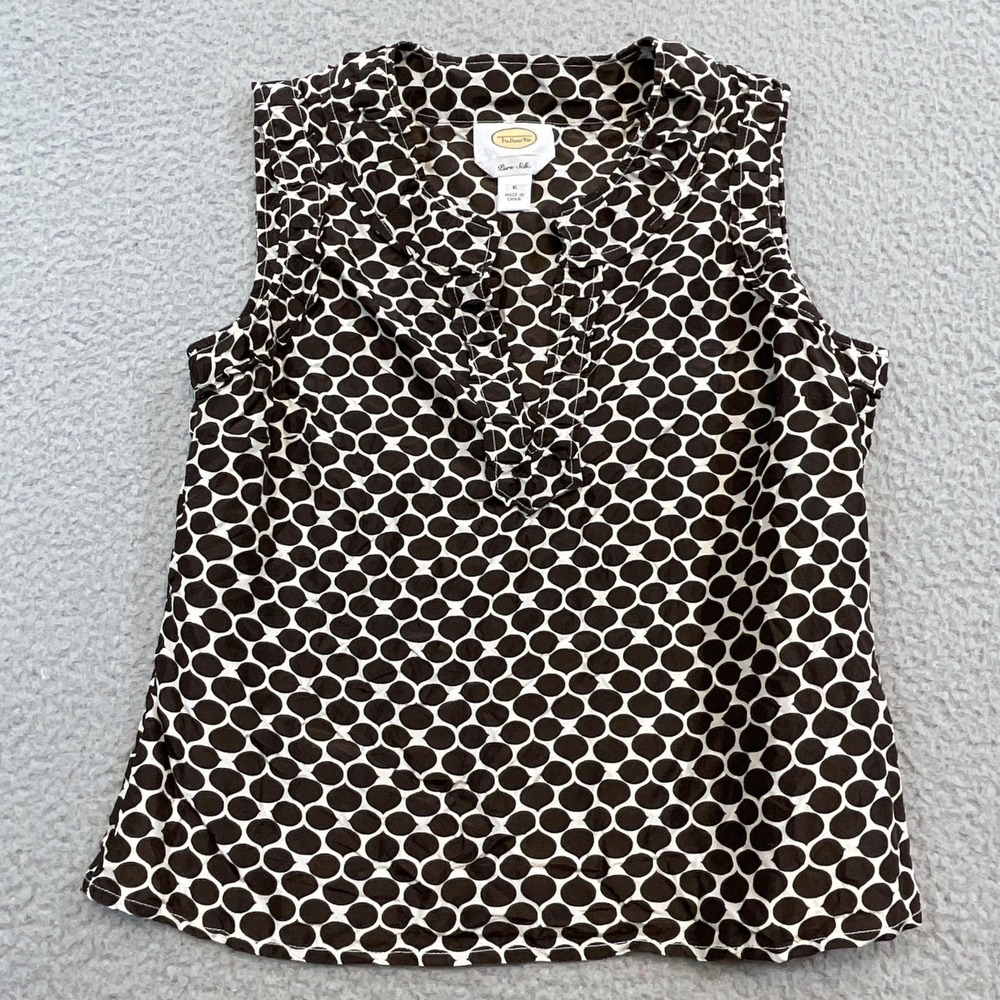 Talbots Blouse Women 6 Brown Silk V-Neck Sleeveless Ruffle Polka Dot Business